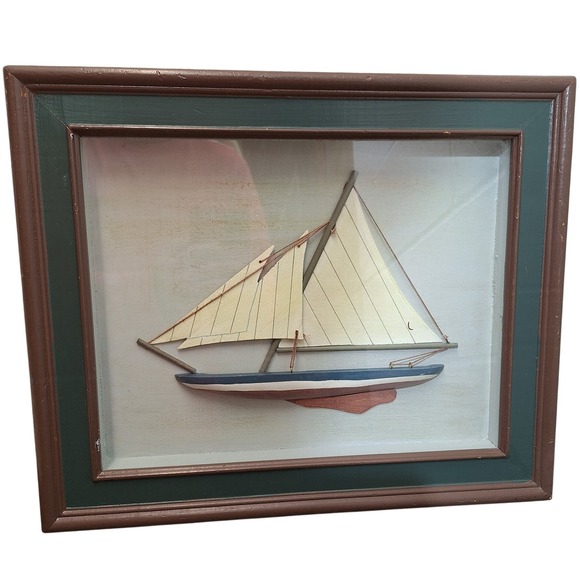 Vintage Other - Nautical 3D Sailboat Shadow Box Wall Art Brown Wood Frame Blue White Ship 16x13